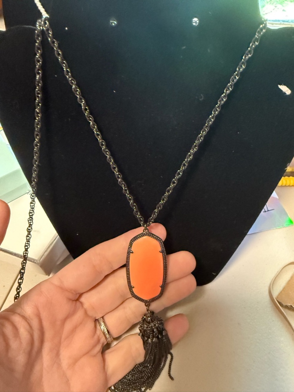 Kendra Scott Rayne Coral colored Stone Pendant Necklace in Gunmetal Hardware